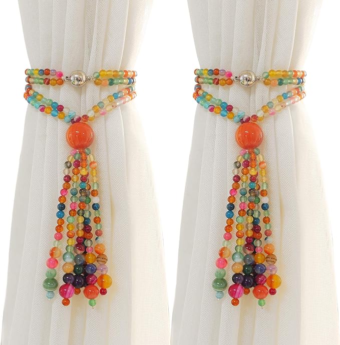 Magnetic Curtain Tiebacks, 2 Pack Colorful Agate Tassel Curtain Drapery by PEDOBO