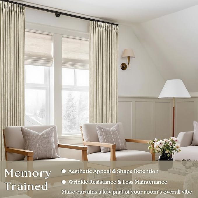 90 Inch Beige Flax Linen Curtains Pinch Pleated 2 Panels Set | Memory Training - Image 2