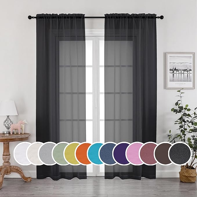 OWENIE Black Sheer Curtains 90 Inches Long 2 Panels Set, Elegant Sheer Curtains by OWENIE