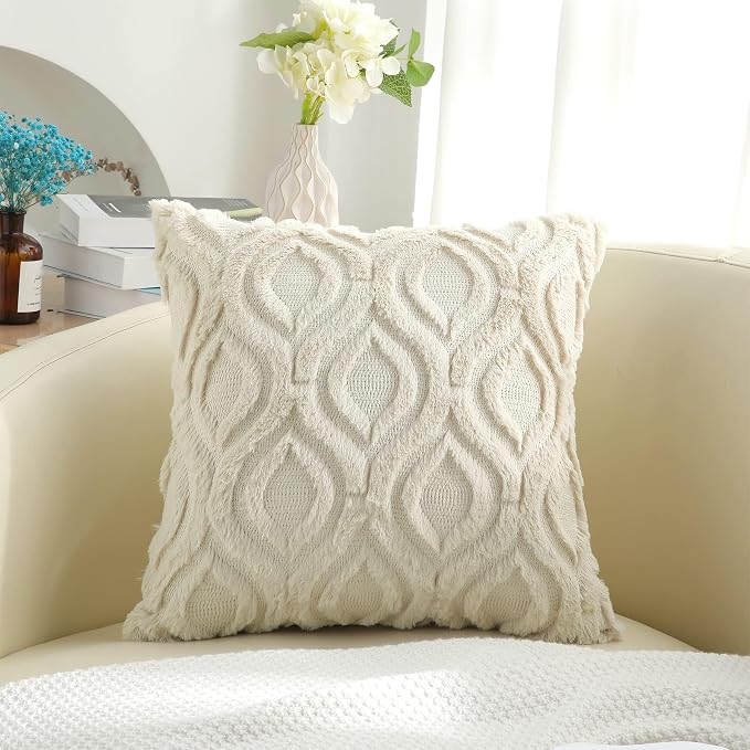 decorUhome Throw Pillow Covers 16x16 Inch Set of 2, Soft Plush Faux Wool Beige - Image 9