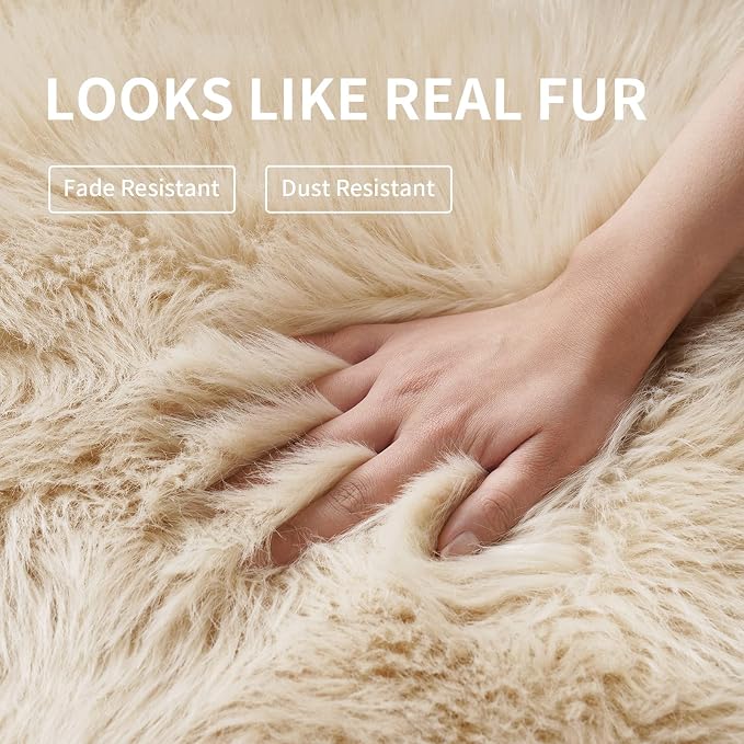 Beige Fluffy Rug for Bedroom, Soft Shag Rug for Sofa Couch Cushion, Cozy Shaggy - Image 4
