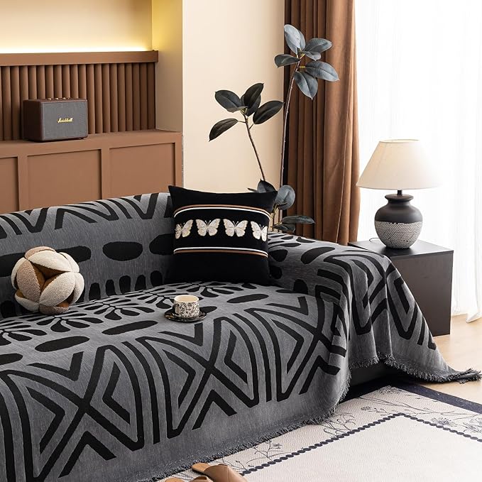 HANDONTIME Boho Couch Cover Blanket Geometric Striped Pet Covers by HANDONTIME