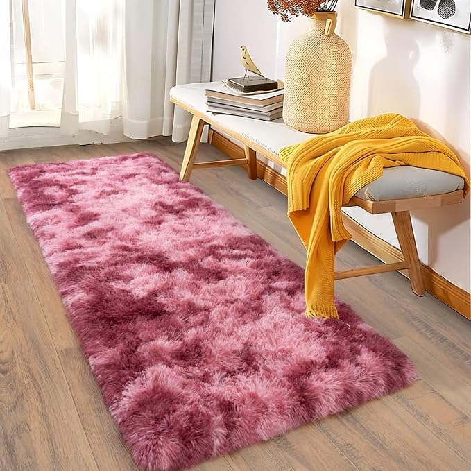 Soft Runner Rugs for Bedroom Hallways, 2x6 Tie-Dyed Blush Pink Fluffy Shag - Image 4