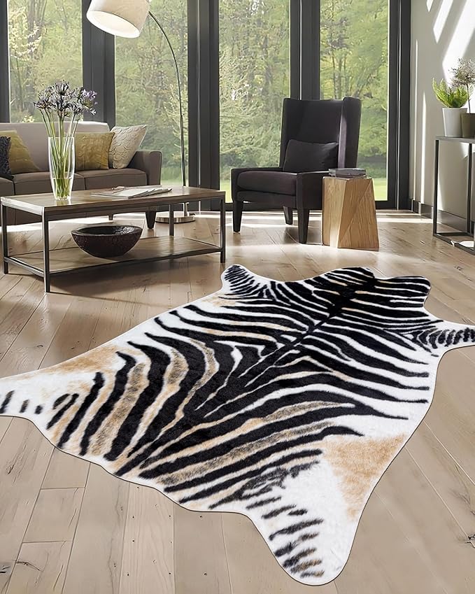 Zebra Print Rug for Living Room, Faux Fur Zebra Hide 5.2x7 Feet Animal Skin Rug by WARMHAVEN