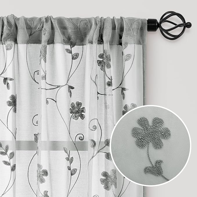 HOMEIDEAS Grey Sheer Curtains 96 Inches Long 2 Panels Embroidered Floral - Image 4
