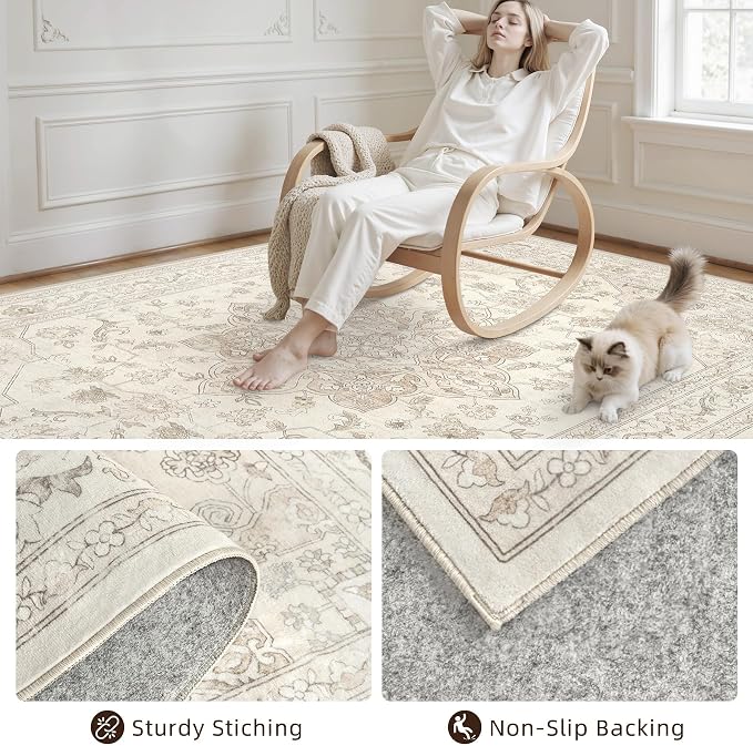 Area Rugs 9x12 Living Room: Vintage Boho Neutral Washable Rug Indoor Soft Large - Image 4