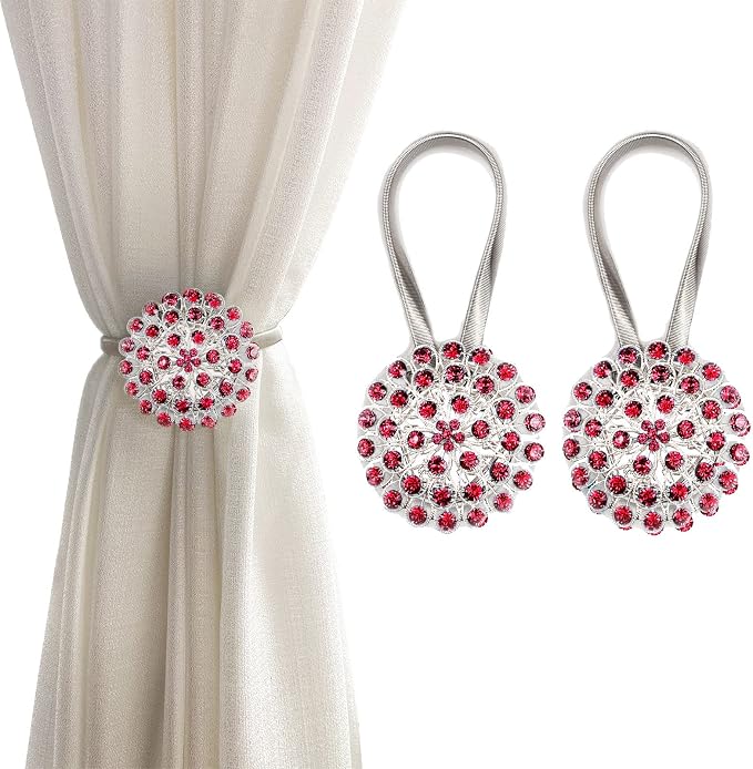 Magnetic Tiebacks for Curtains, 2 Pack Sparkling Crystal Flower Curtain by FOZUBOYO