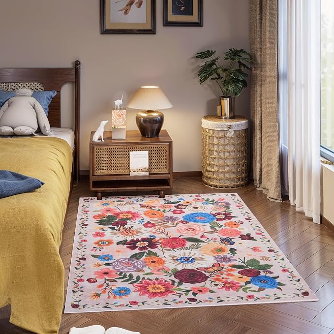 Pink Area Rug 4x6 Rug Washable Boho Rugs Non Slip Low Pile Floral Small Carpet - Image 6