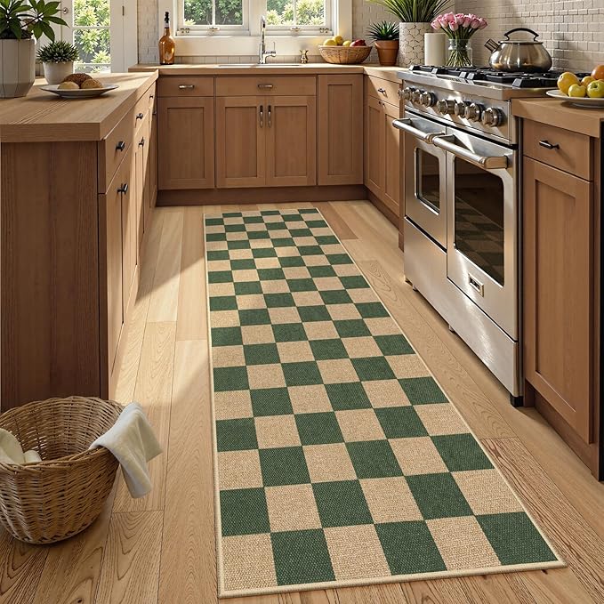 Lahome Colette Checkered Outdoor Runner Rug, 2x8 Green Kitchen Runner Rugs by Lahome