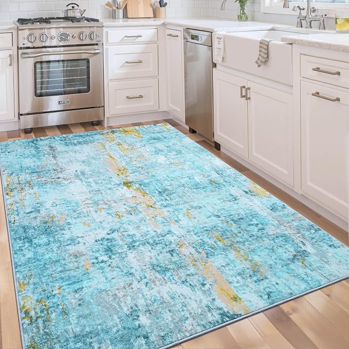 Area Rug 4x6 Teal Blue Rug Washable Boho Rugs Non Slip Low Pile Abstract Small - Image 5