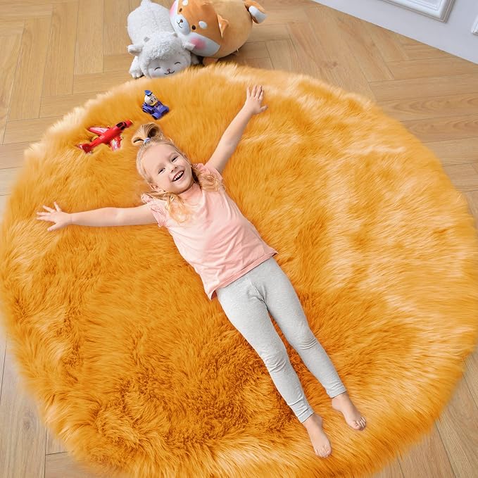 duduta Yellow Faux Sheepskin Round Rug 4x4 ft, Fluffy Shag Fur Bedroom Nursery - Image 5