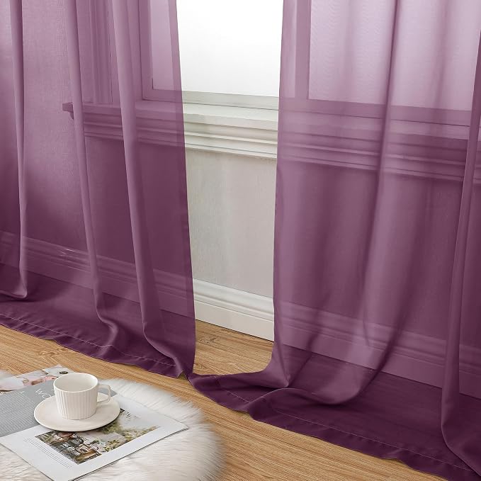 Aiyufeng Plum Purple Sheer Curtains 84 Inches Long 2 Panels, Solid Voile Top - Image 6