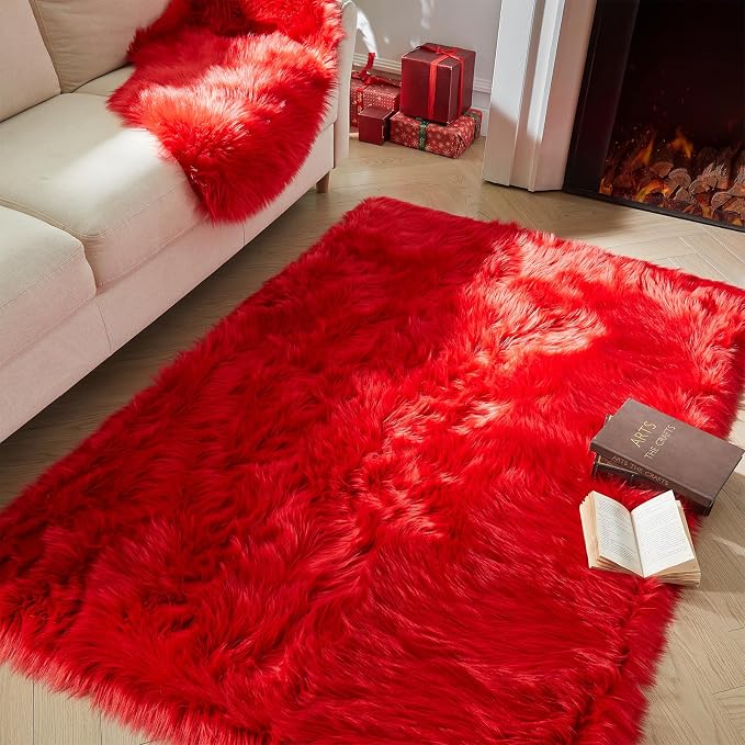 AMTOVO Faux Fur Sheepskin Rug for Living Room, 4 x 6 ft Red Fluffy Area Rug for by AMTOVO