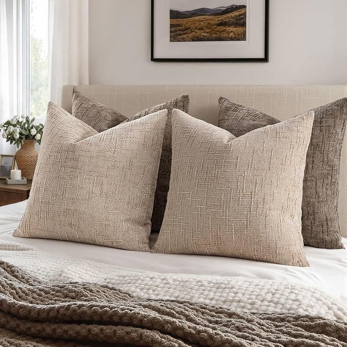 MIULEE Chenille Textured Euro Throw Pillow Covers Oatmeal 26x26 Set of 2 | - Image 4