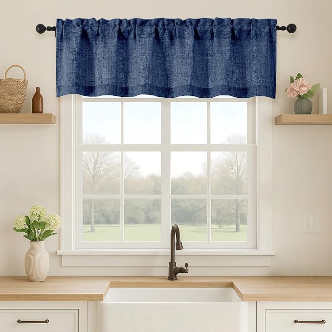 OVZME Navy Blue Valance for Windows, Light Filtering Faux Linen Textured Small by OVZME