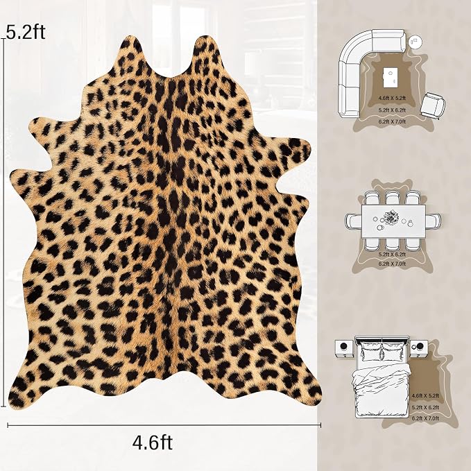 AROGAN Premium Leopard Print Rug 4.6x5.2 Feet, Machine Washable Faux Fur - Image 2