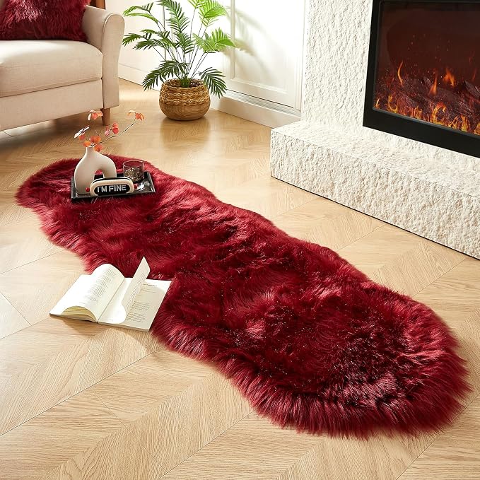 AMTOVO Faux Sheepskin Rug, Burgundy Ultra Soft Fluffy Shag Area Rug, 2 x 6 ft - Image 3