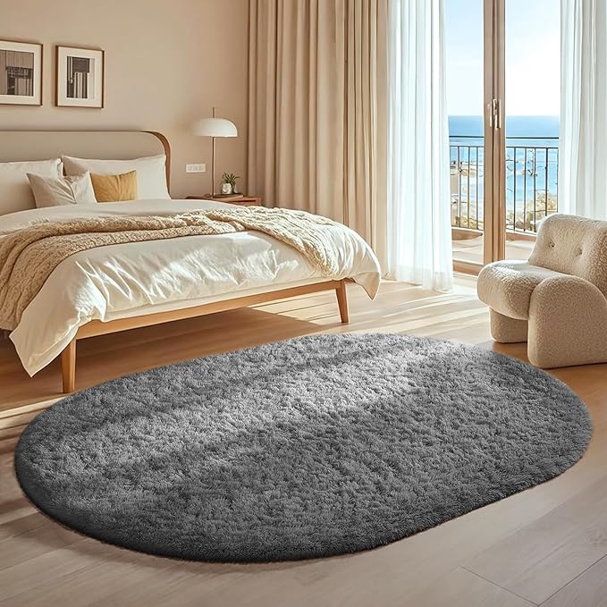 Ophanie 4x6 Oval Grey Rugs for Bedroom Living Room, Fluffy Fuzzy Furry Carpet - Image 3