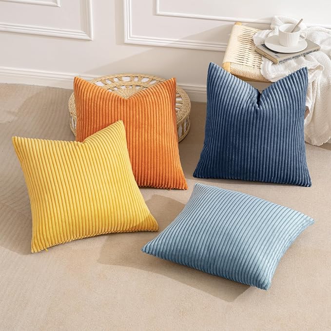 MIULEE Pack of 4 Blue-Orange Corduroy Decorative Throw Pillow Covers 18x18 Inch - Image 6