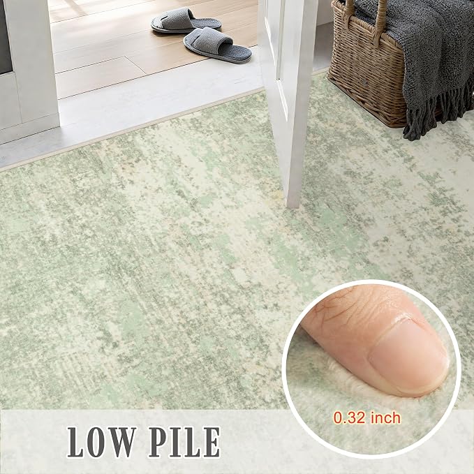 5x7 Area Rug Living Room: Modern Washable Soft Carpet Green Cream | - Image 7