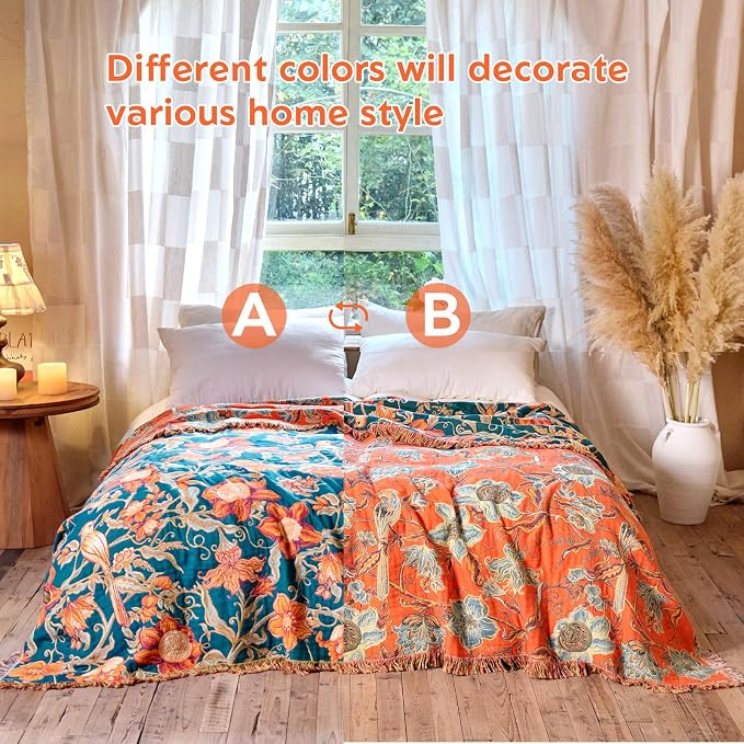 MSGKV Boho Throw Blanket for Bed Twin Size 100% Cotton Floral Bird Blanket - Image 3