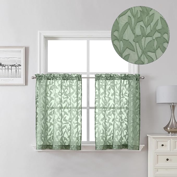 Lecloud Leia Sage Green Valance Sheer Cafe Curtains 24 Inch Length 2 Packs by Lecloud