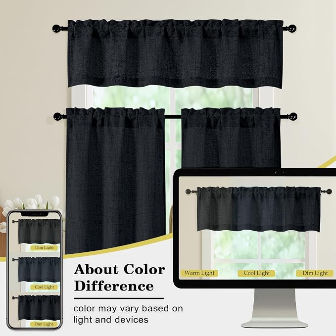 Black Valances for Windows, Light Filtering Faux Linen Textured Small Short - Image 8
