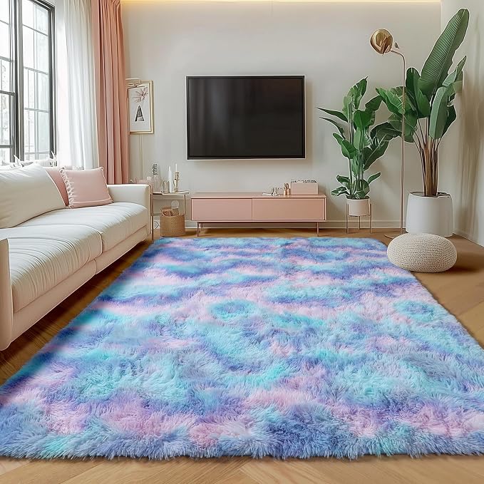 ONASAR Fluffy Area Rugs for Girls Bedroom, 4x6 Purple Rainbow Bedside Rug - Image 5