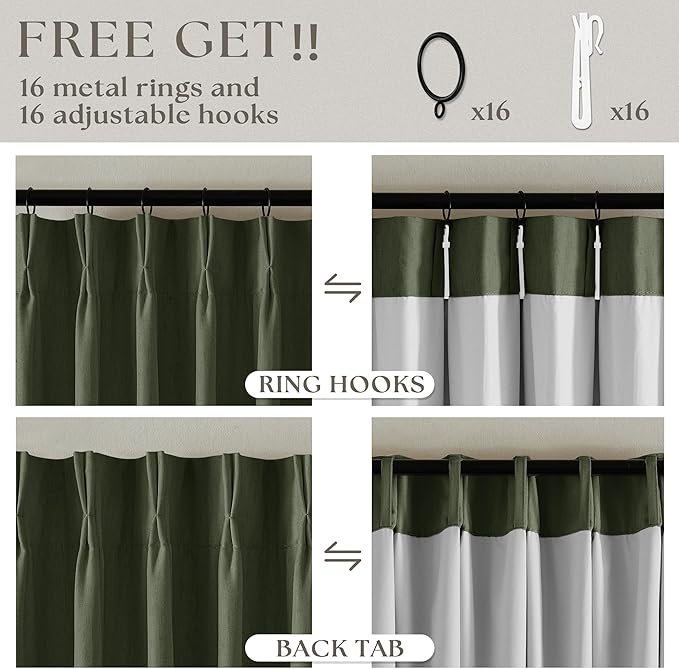 Olive Pinch Pleated 100% Blackout Linen 80 Inch Window Curtains | Room - Image 6