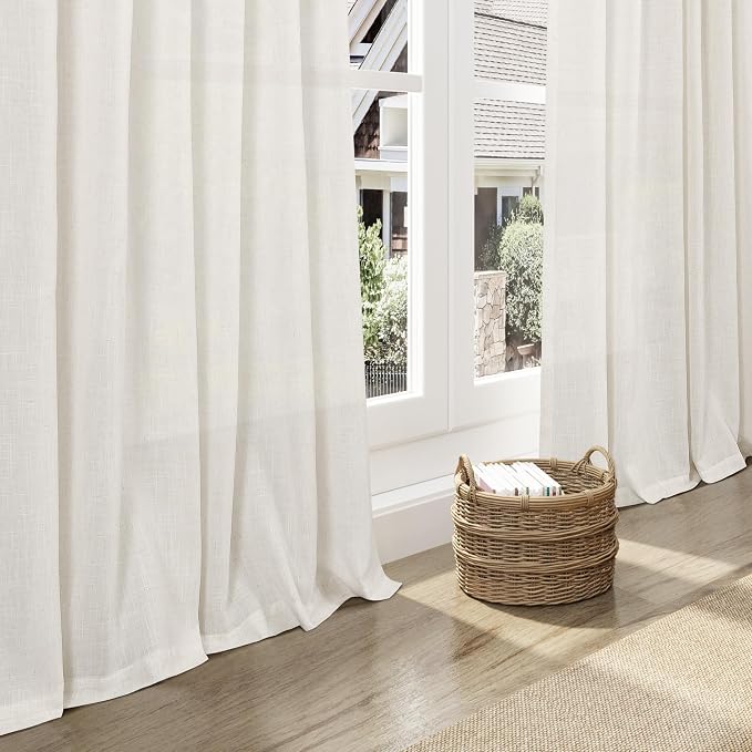 Linen Sheer Curtains 108 Inches Long Back Tab Rod Pocket 2 Panels Cream Semi - Image 6