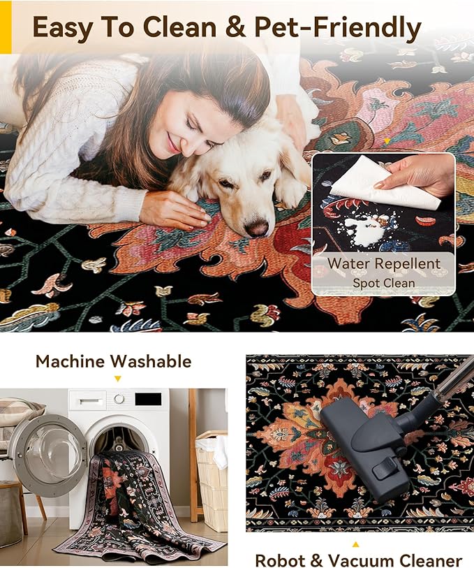 Area Rugs Square 6ft Washable Non-Slip, Floral Vintage Distress Print Pattern - Image 3