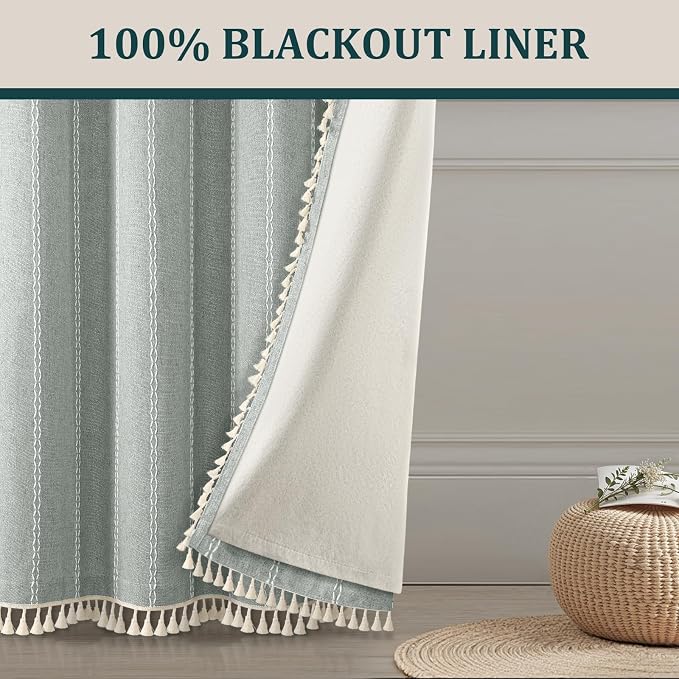 Teal Boho Blackout Curtains 96 Inches Long Light Green Linen Blend 2 Panels - Image 2