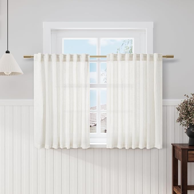 Beige White Kitchen Cafe Curtains 45 Inch Long 2 Panel Back Tab Translucent by Nanspring