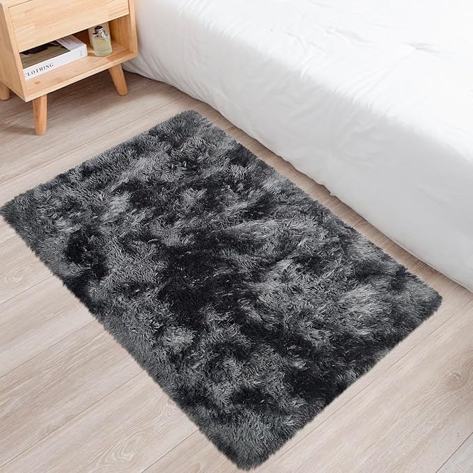 Small Tie-Dyed Area Rug for Bedroom 2x3 Mini Black Grey Fluffy Rug Mat Bedside - Image 3