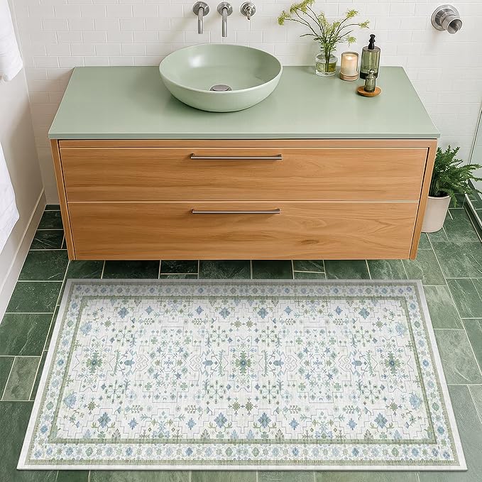 Cream Green and Blue 2x4 Boho Bathroom Rug by HazoHaus
