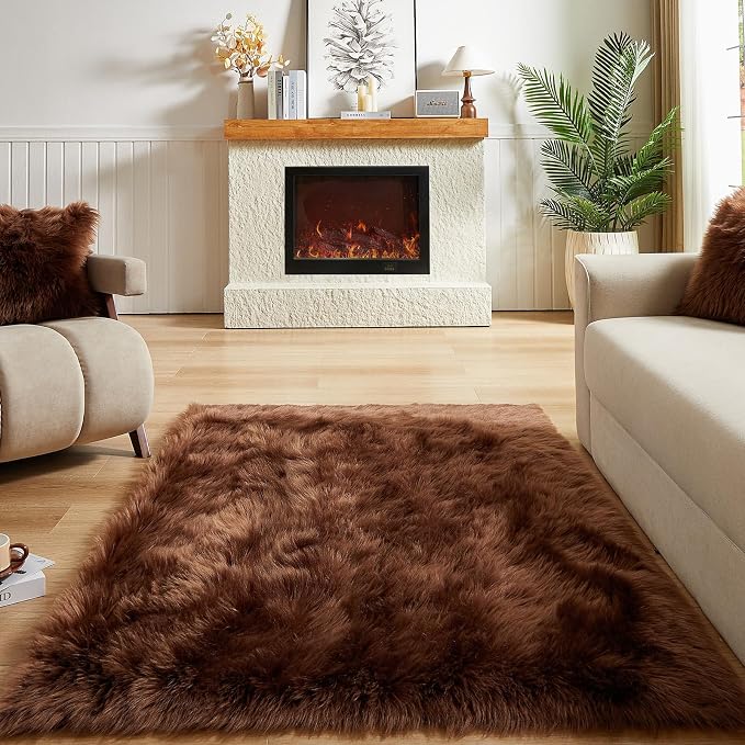 AMTOVO Faux Fur Sheepskin Rug for Living Room, 4 x 6 ft Coffee Fluffy Area Rug - Image 2