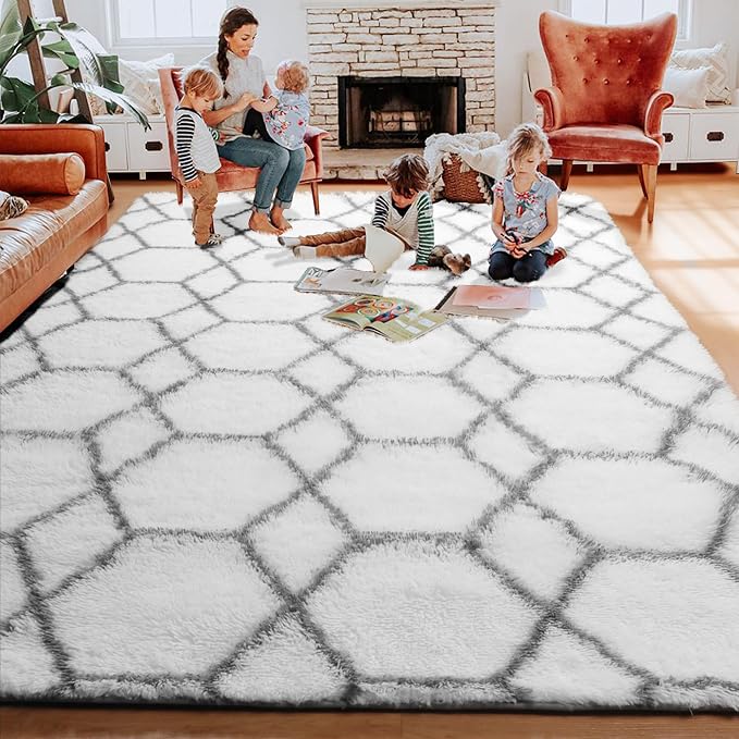 6x9 Area Rugs for Living Room Bedroom, Fluffy White and Grey Geometric Rug | - Image 7