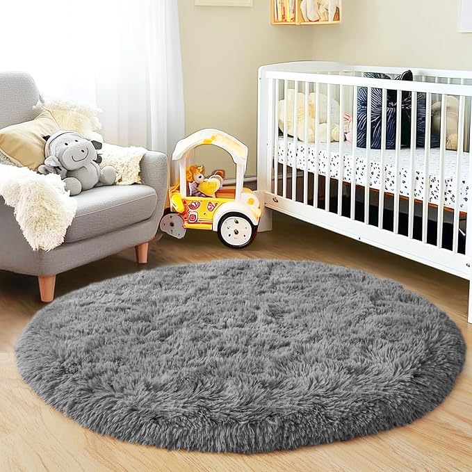 4'x4' Grey Round Rug for Bedroom, Ultra Soft Fluffy Circle Rug for Kids Girls - Image 7