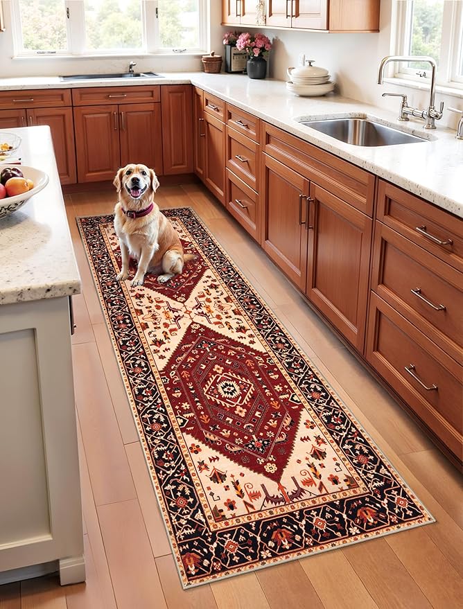 SERISSA Boho Washable Runner Rug, 2x6 Rug Runner Non-Slip Vintage Red Black by SERISSAHomeDecorCollection