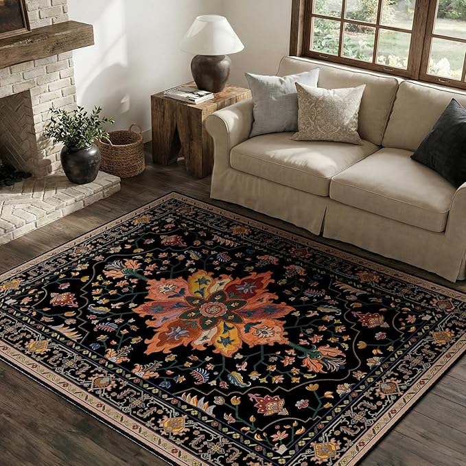 Area Rugs 4'x5' Washable Non-Slip, Floral Vintage Distress Print Pattern - Image 3