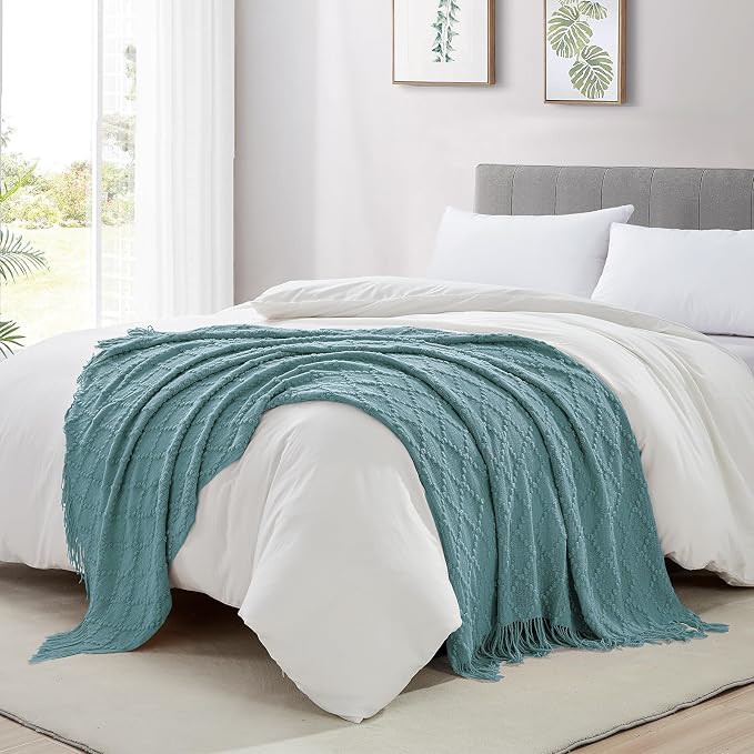BOURINA Blue Throw Blanket 50 x70 Inches Jacquard Argyle Throw Textured Solid - Image 4