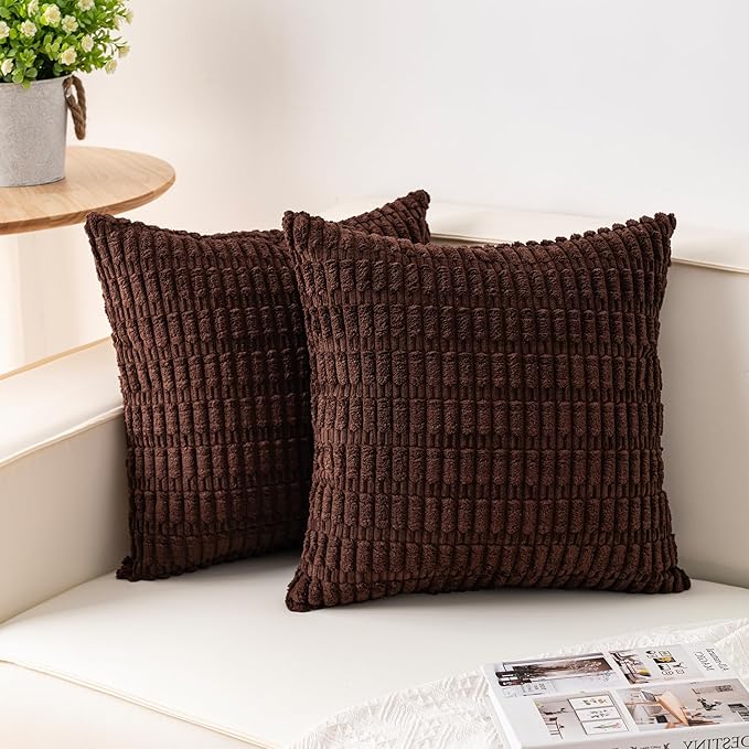 Pack of 2 Corduroy Decorative Throw Pillow Covers 18x18 InchSoft Boho Striped by Unknown