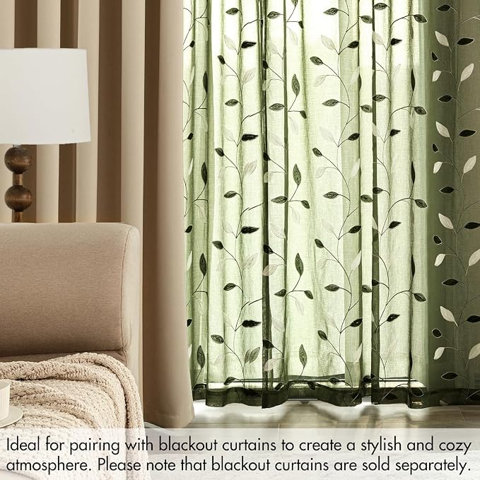 MIULEE Olive Green Sheer Curtains 2 Panels Embroidered Leaf Patterned Rod - Image 7