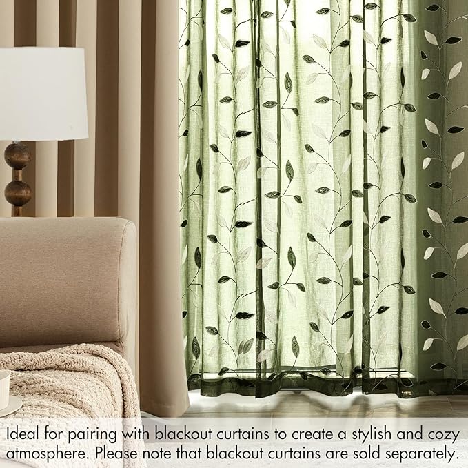 MIULEE Olive Green Sheer Curtains 2 Panels Embroidered Leaf Patterned Rod - Image 7