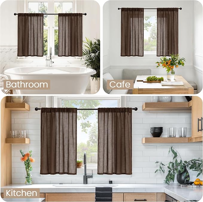 BGment Brown Linen Short Curtains 36 Inch Length - Image 2