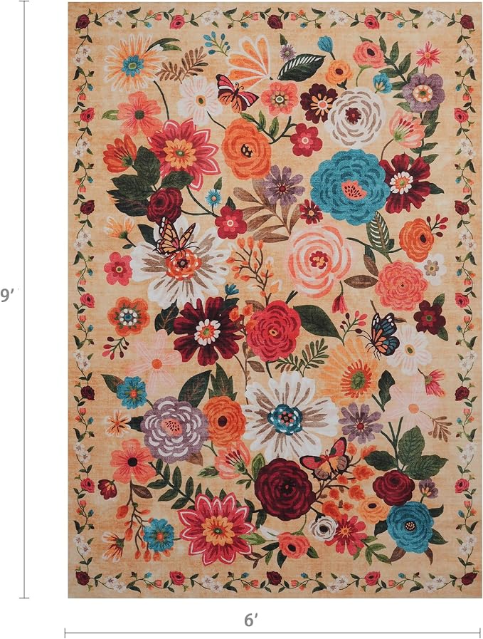 Floral Washable 6x9 Area Rugs, Soft Bedroom Rug - Image 2