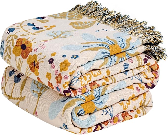 MSGKV Boho Throw Blanket for Bed 100% Cotton Floral Twin Size Couch Blanket by MSGKVHomeTextiles