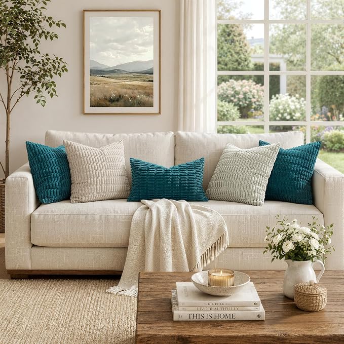 MIULEE Corduroy Decorative Throw Pillow Covers 20x20 Teal Pack of 2 | Soft Boho - Image 3