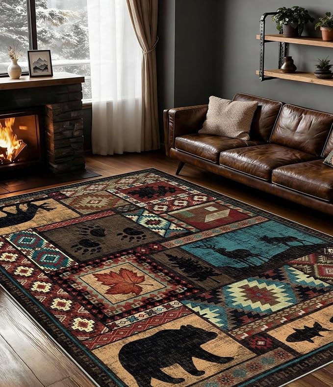 YIHOUSE Rustic Cabin Area Rug 5x7, Machine Washable Lodge Bear Rug, Non-Slip by YIHOUSE