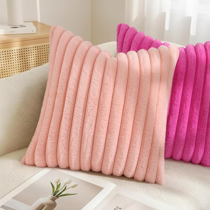 decorUhome Fall Faux Fur Throw Pillow Covers 16x16 Set of 2 Hot Pink | - Image 4
